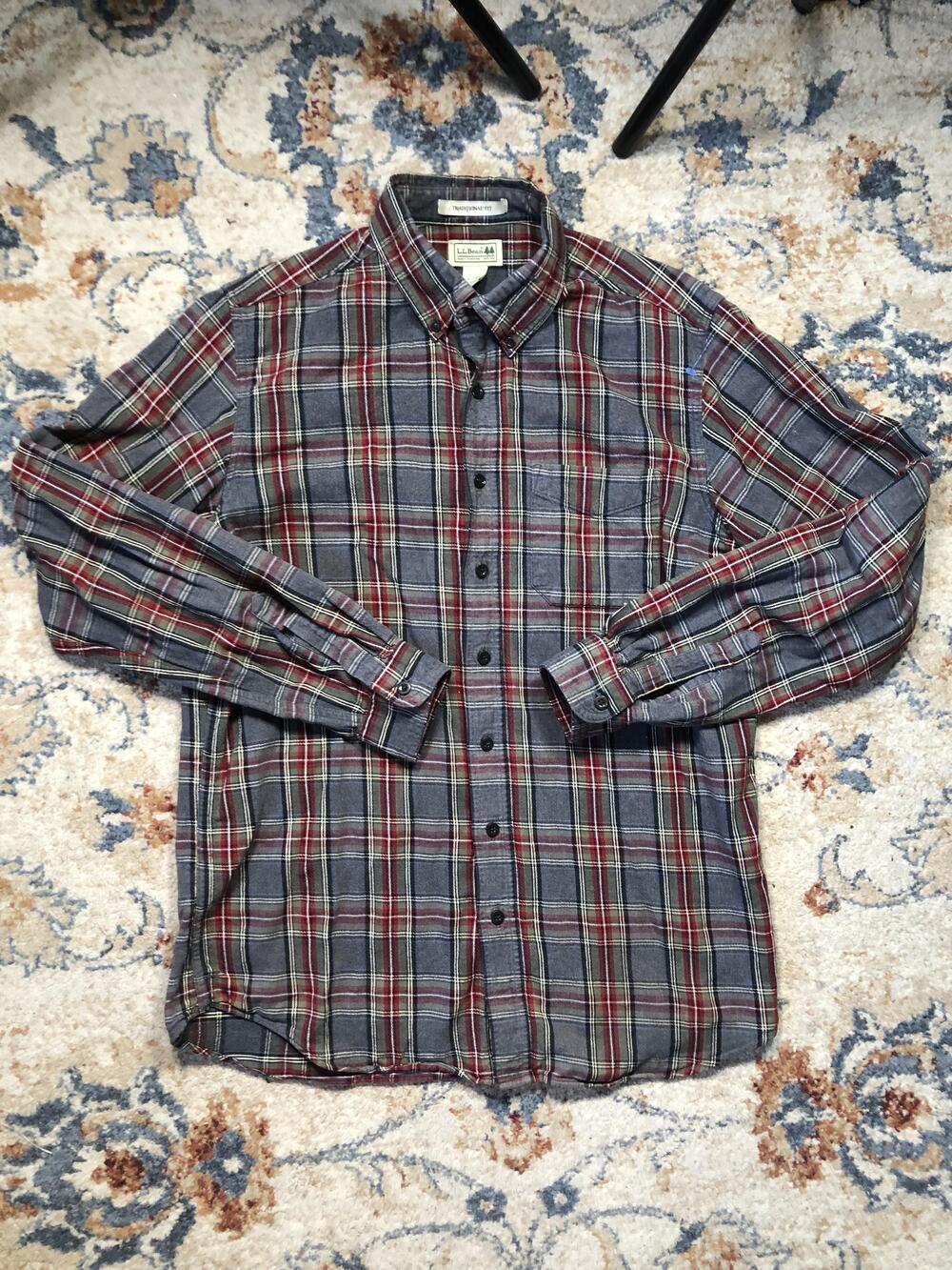 LL Bean Shirt Mens Medium Tall Gray Red Plaid Button Down Traditional Fit Cotton